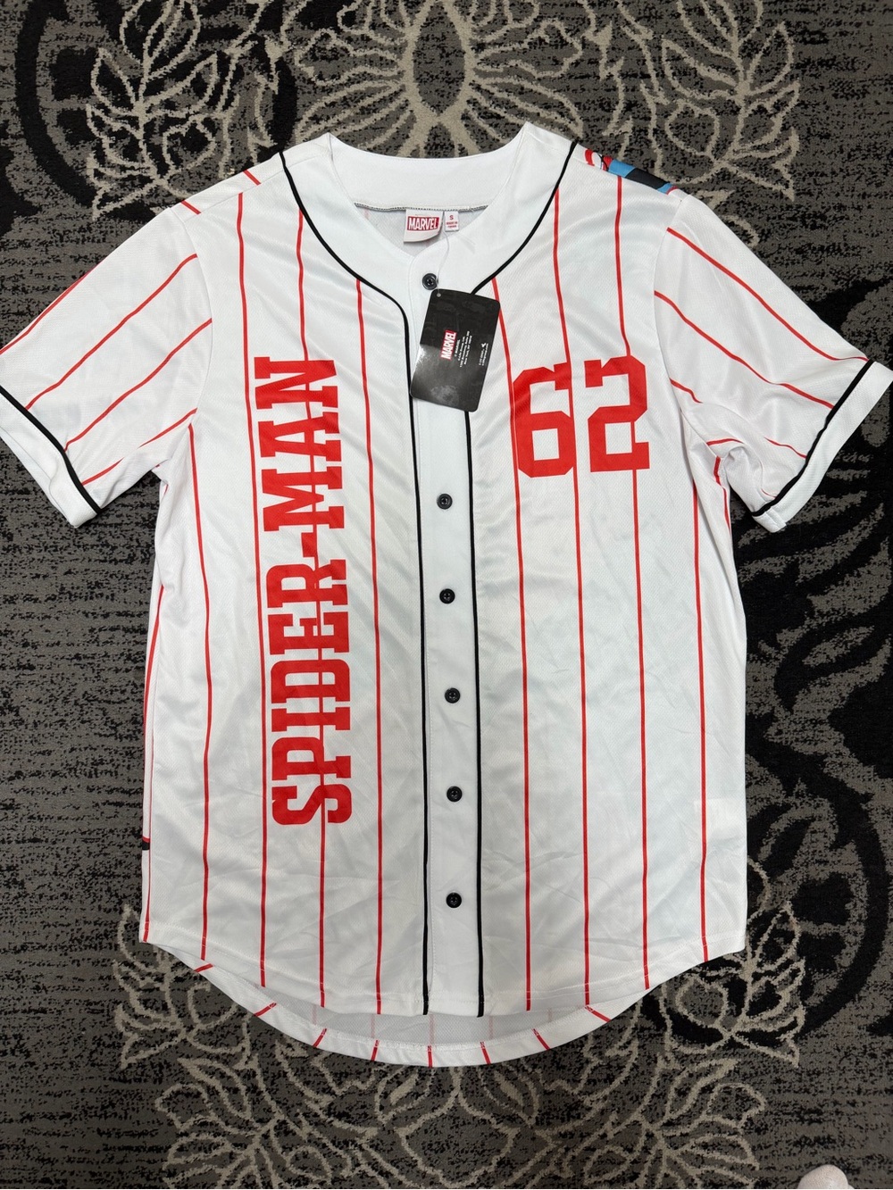 Marvel Spider Man White & Red Baseball Jersey with Black Trim *FITS LIKE LARGE*